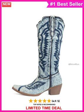 Denim Embroidered Cowboy Boots Knee High Pointed Toe Chunky Heel Western